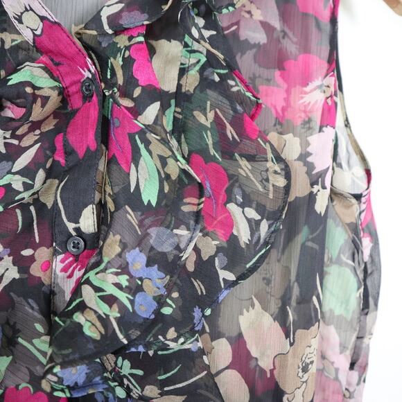 Ralph Lauren Size 10 Ruffled Sleeveless Blouse Sheer Floral Black Pink - Picture 6 of 10